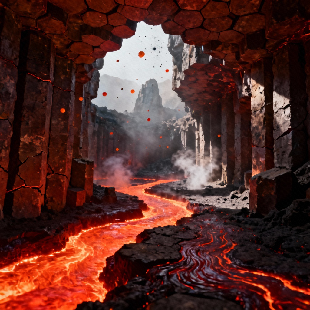 AI lava tube grotto with glowing magma and basalt columns