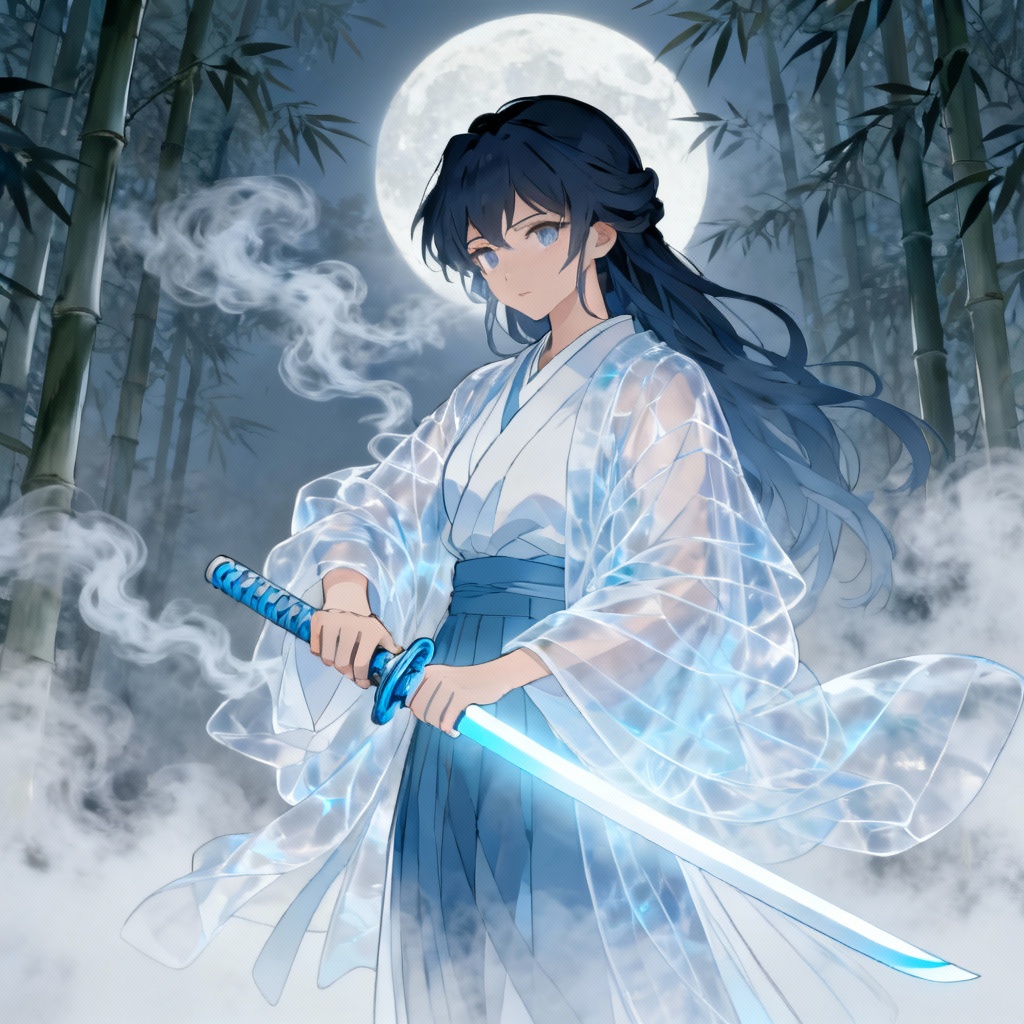 AI mist breathing kunoichi with pale gradient blade