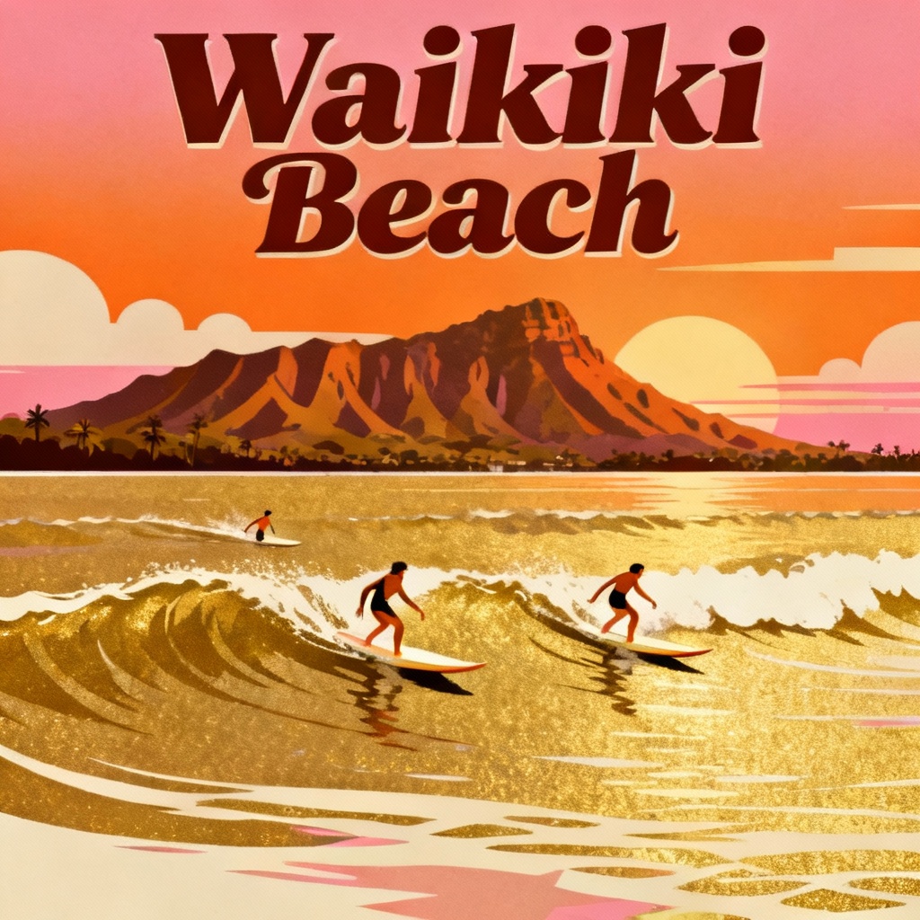 AI Hawaii poster of Waikiki sunset with surfers and Diamond Head