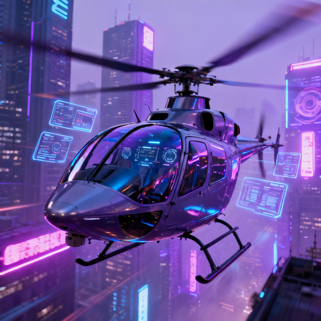 AI futuristic helicopter cockpit in neon city