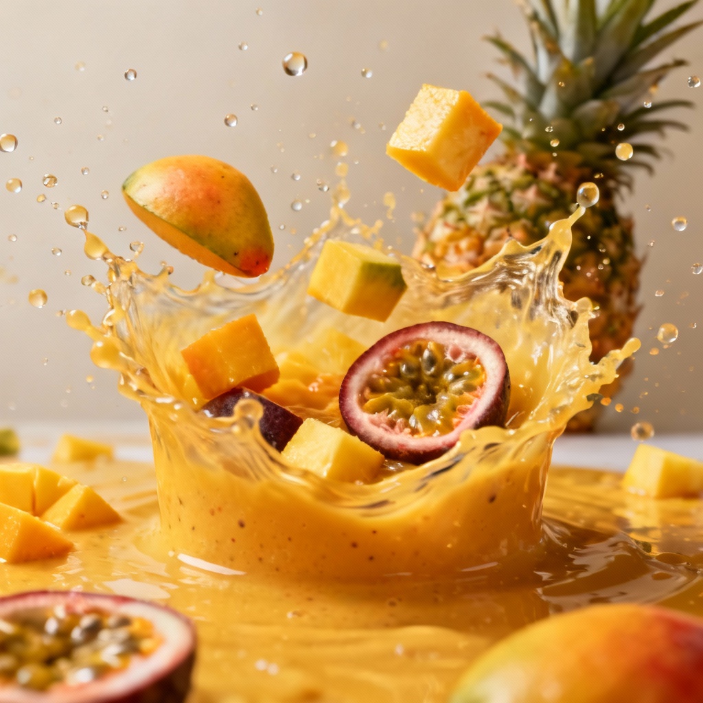 AI tropical fruit smoothie splash advertisement