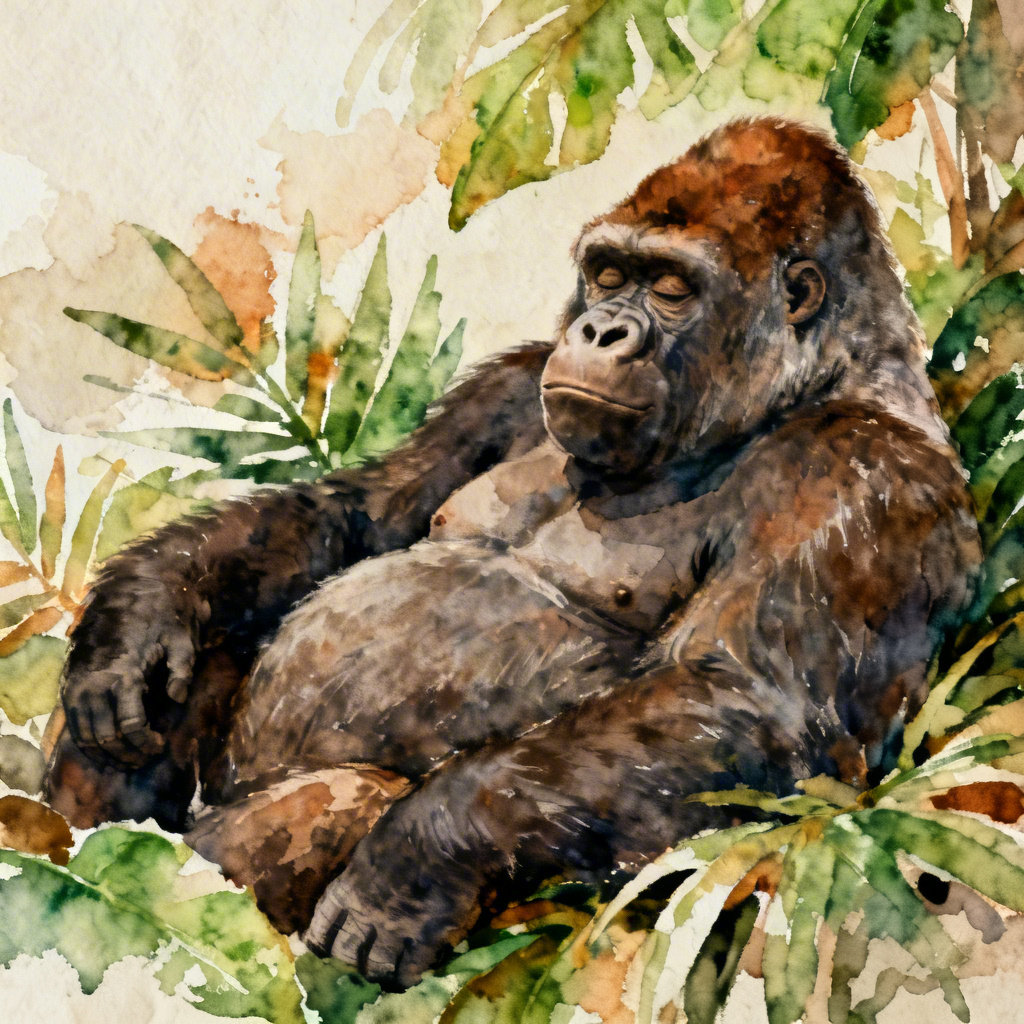 Watercolor painting of a chubby gorilla lounging in jungle leaves