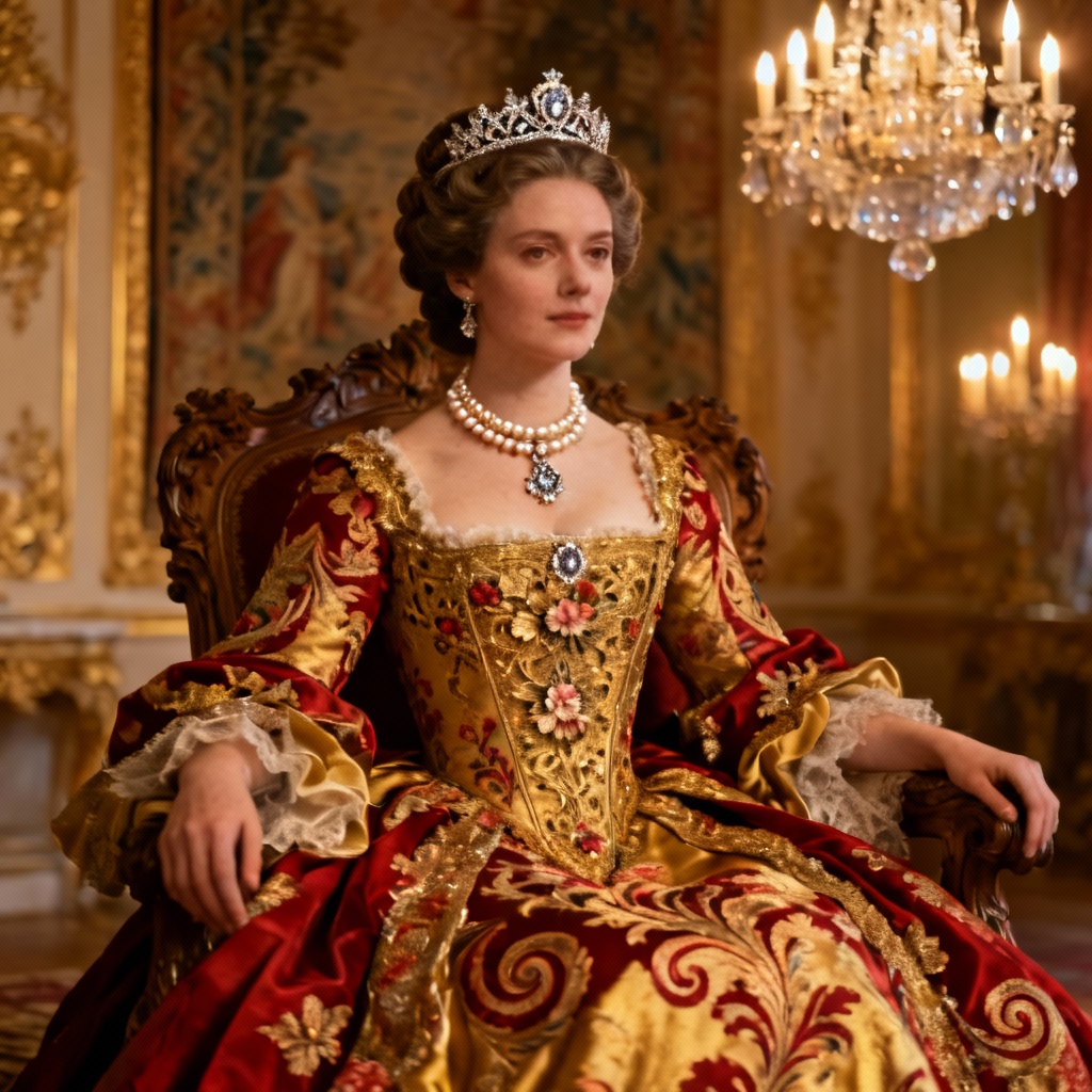 AI Baroque empress with gold filigree gown and tiara