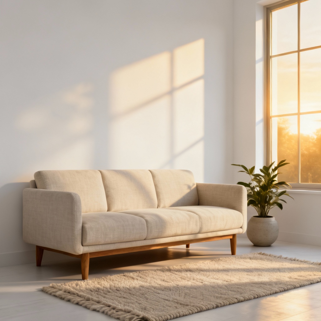 AI Minimalist Linen Sofa in Sunny Living Room