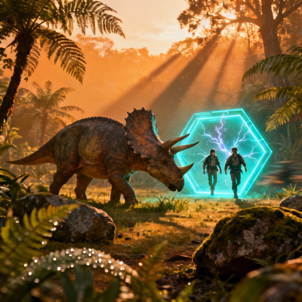 AI prehistoric scene with explorers arriving via portal