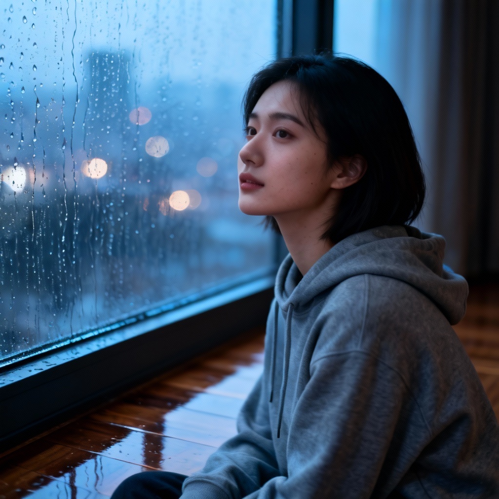 AI girl next door in a gray hoodie by a rainy window