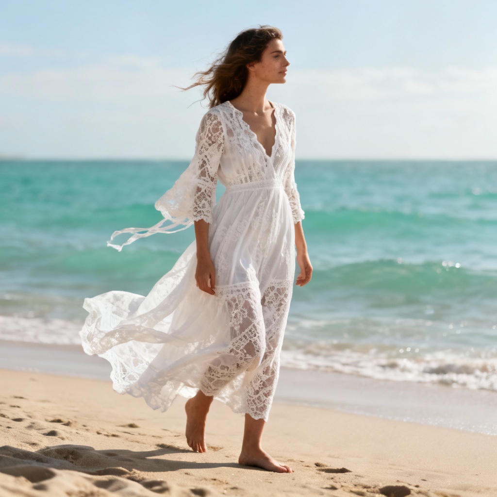AI boho flowing maxi dress at beach