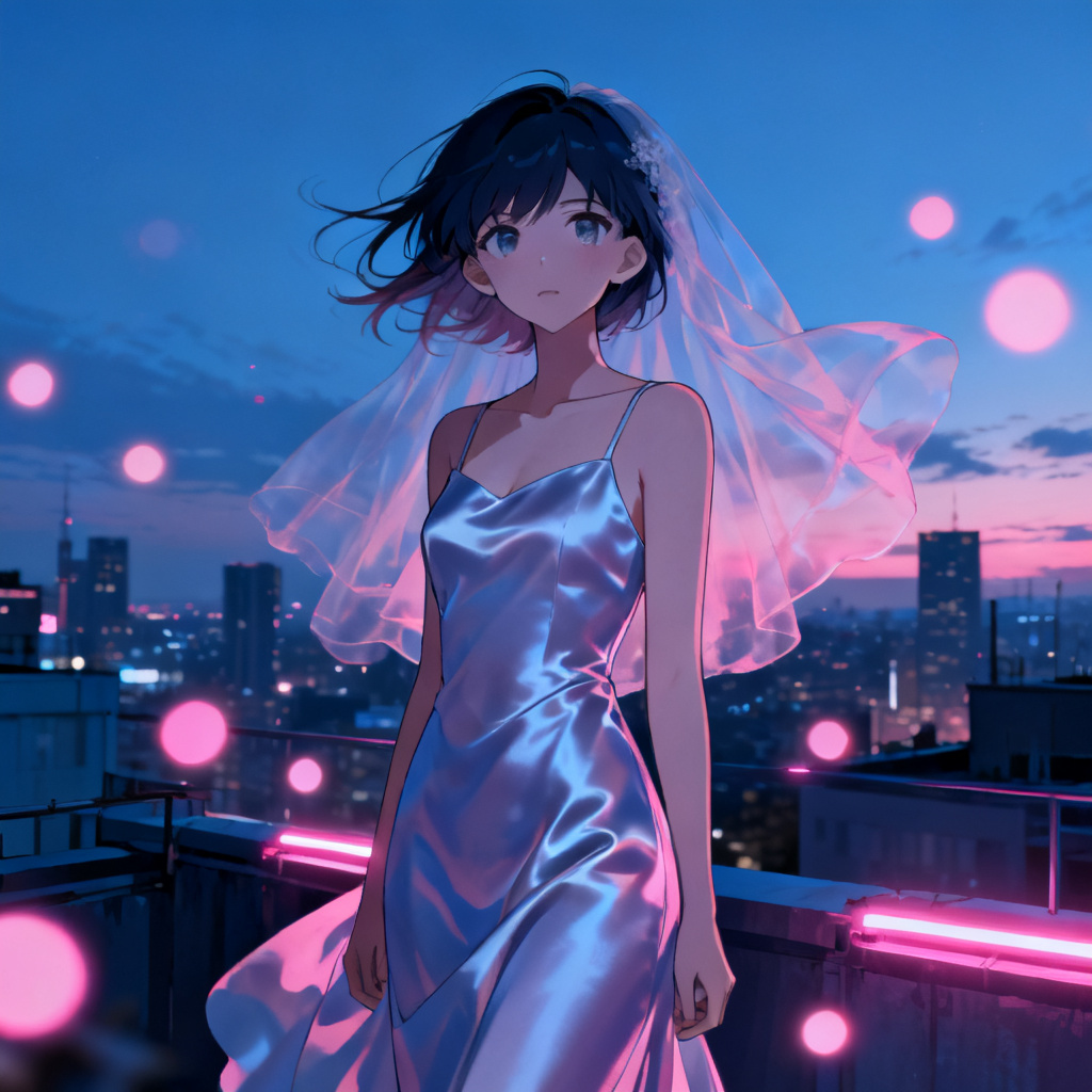 AI modern anime bride on rooftop at dusk