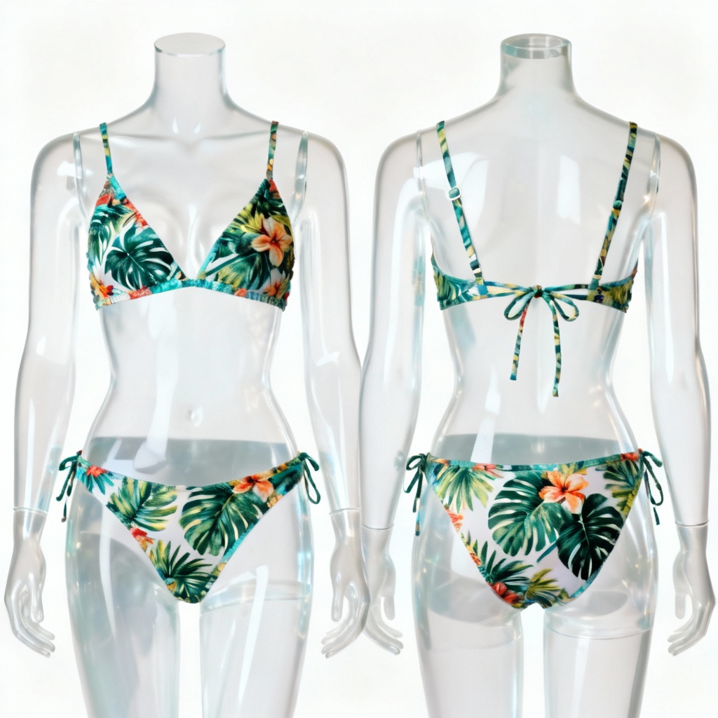 AI ghost mannequin micro bikini with tropical print front and back
