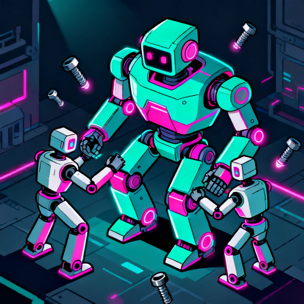 AI sci-fi cartoon robots building a mech