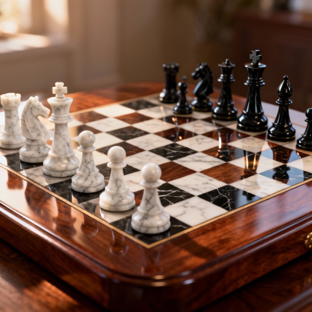 Cinematic 3D chess board with dramatic lighting and marble pieces