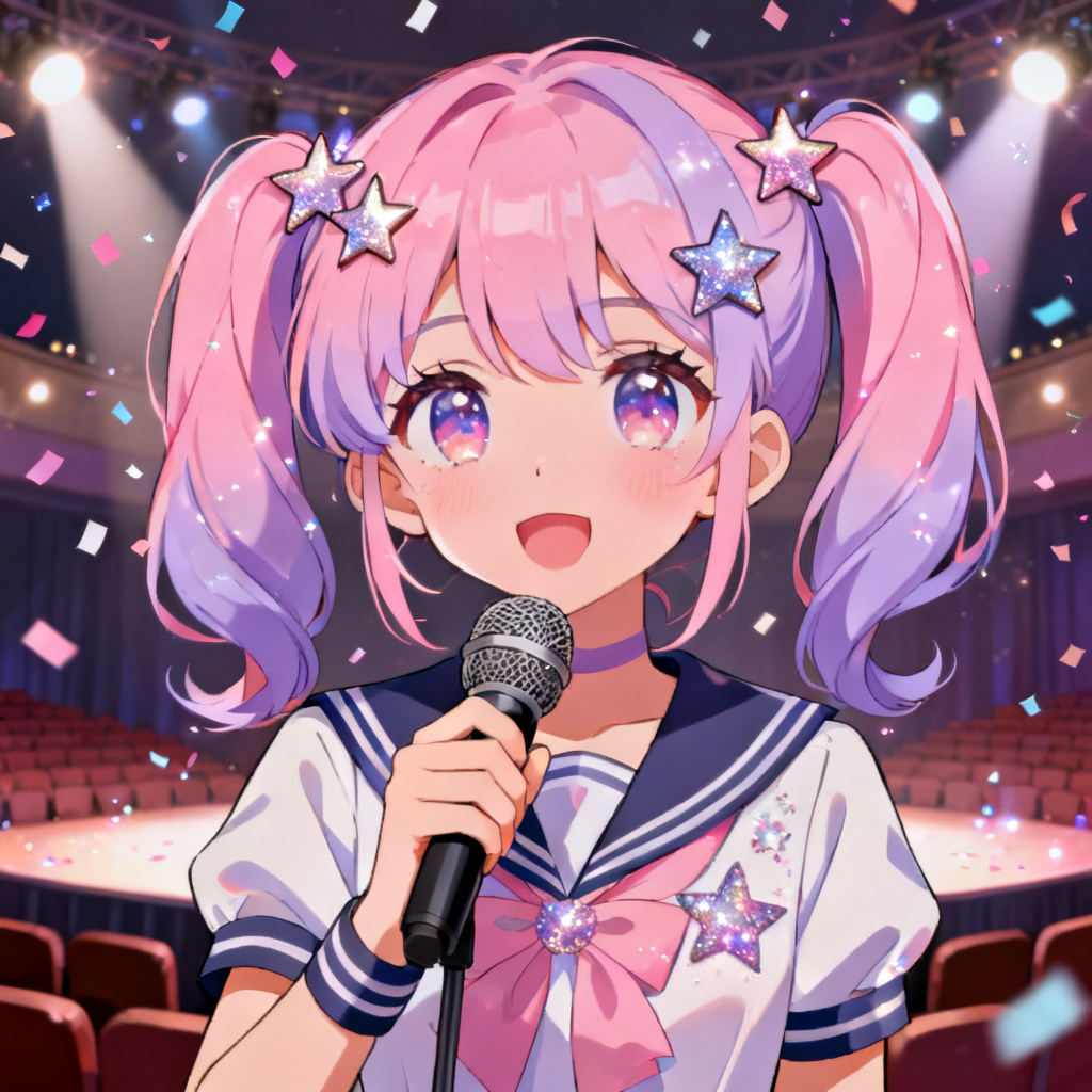 AI yan sim idol trainee OC with pastel pigtails on stage