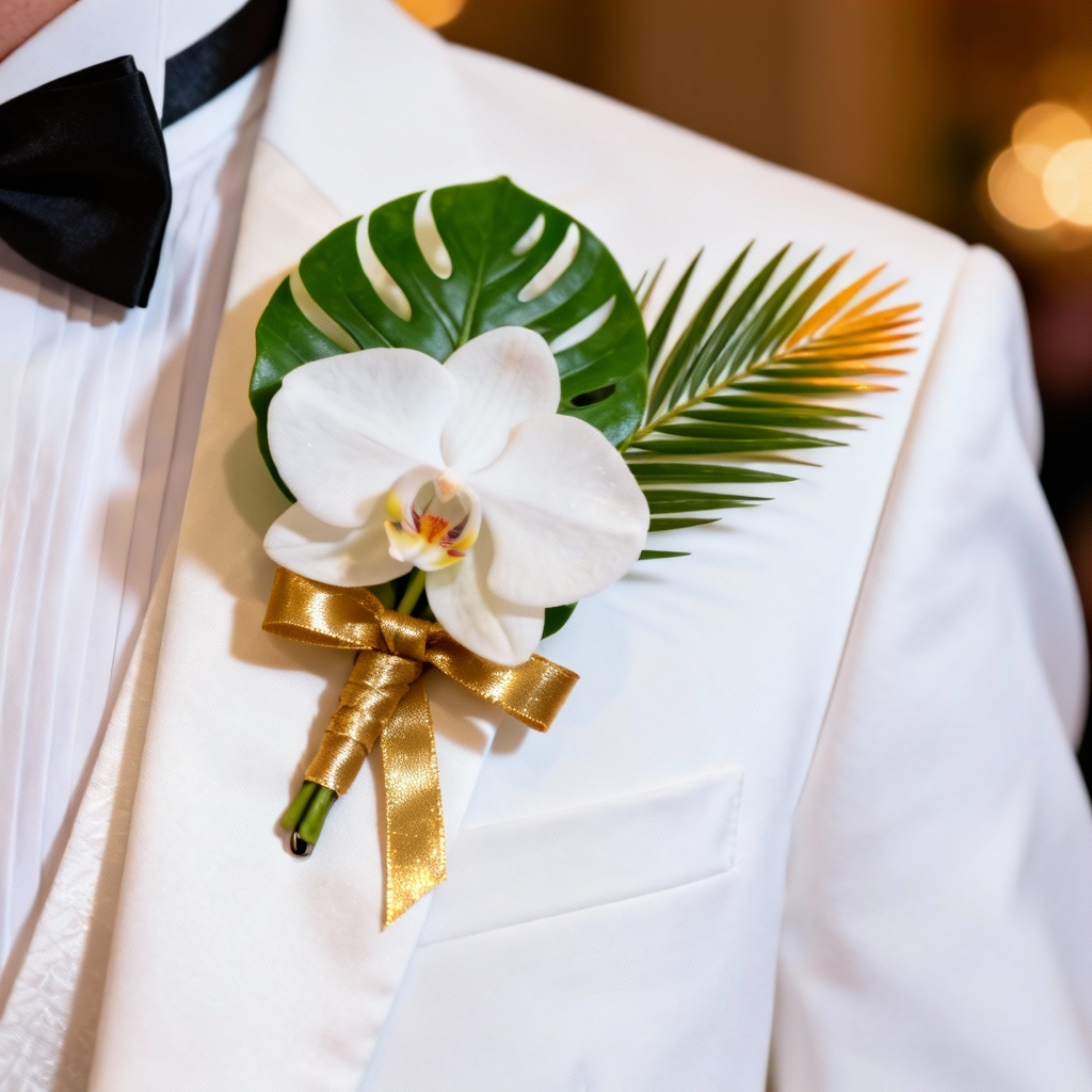 AI tropical boutonniere with orchid and mini palm for prom