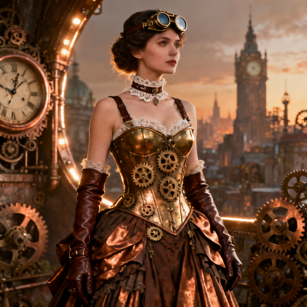 AI fantasy steampunk noblewoman attire with brass details