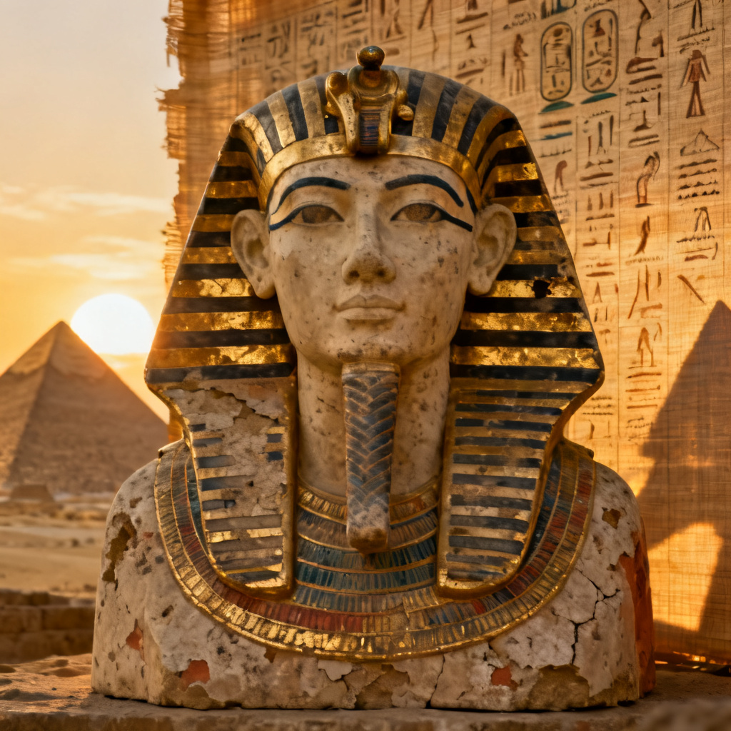 AI ancient Egyptian pharaoh bust in sunrise light