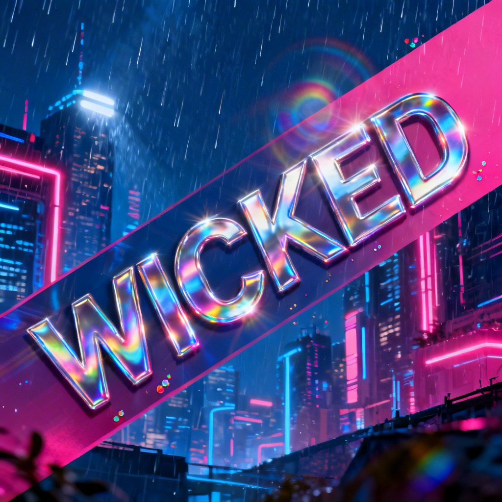 AI wicked poster with cyberpunk city rave and holographic text
