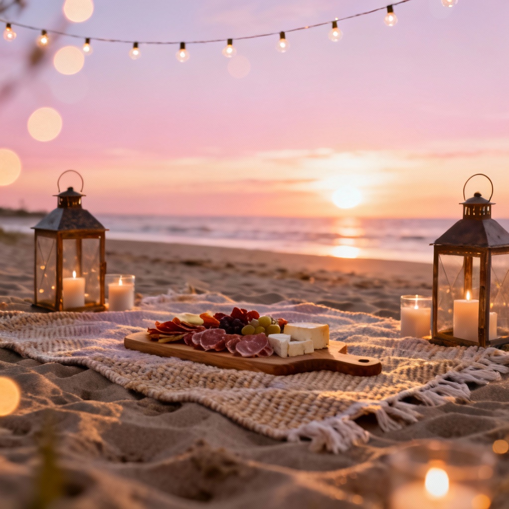 AI sunset beach picnic with lanterns and soft glow