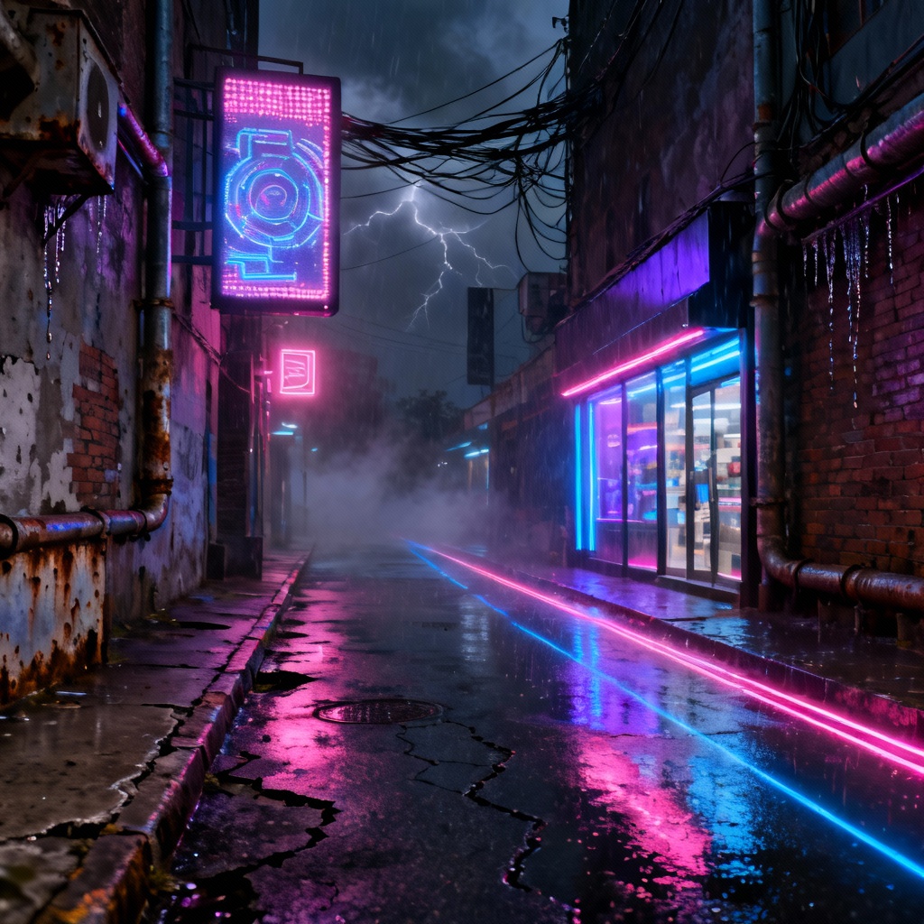 AI high resolution cyberpunk city at night in rain