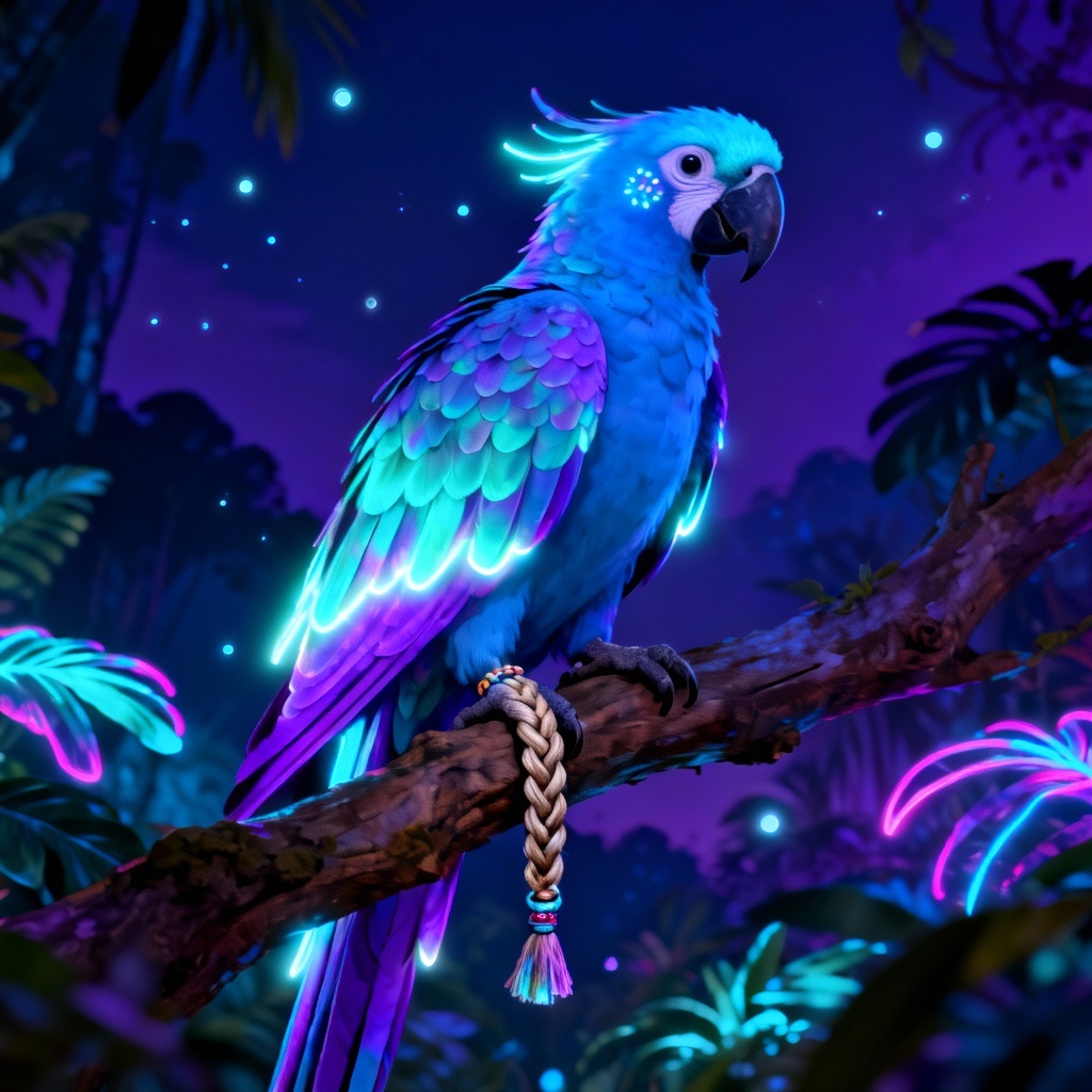 Navi parrot with shimmering bioluminescence