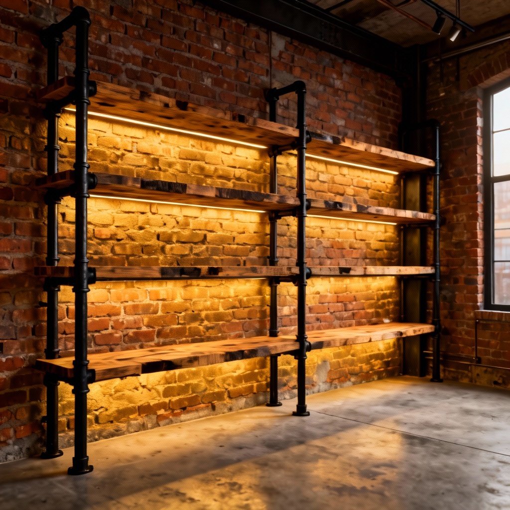 AI industrial pipe shelving on exposed brick wall