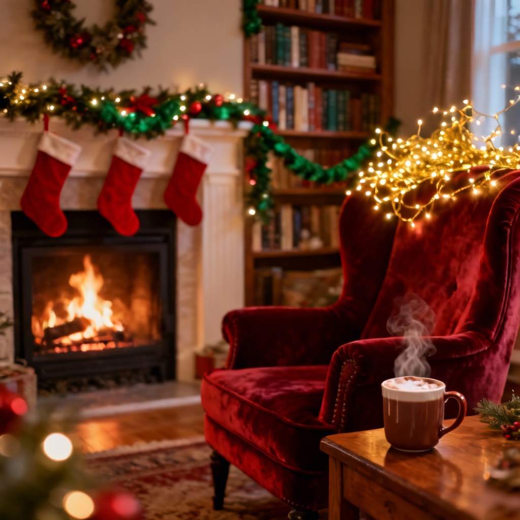 AI cozy Christmas fireplace desktop wallpaper