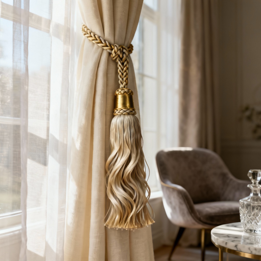 Photorealistic curtain tieback tassel in gold and ivory