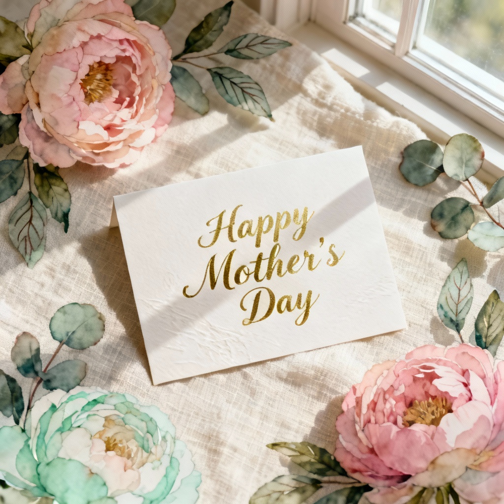 AI Mother's Day card with watercolor flowers and gold script