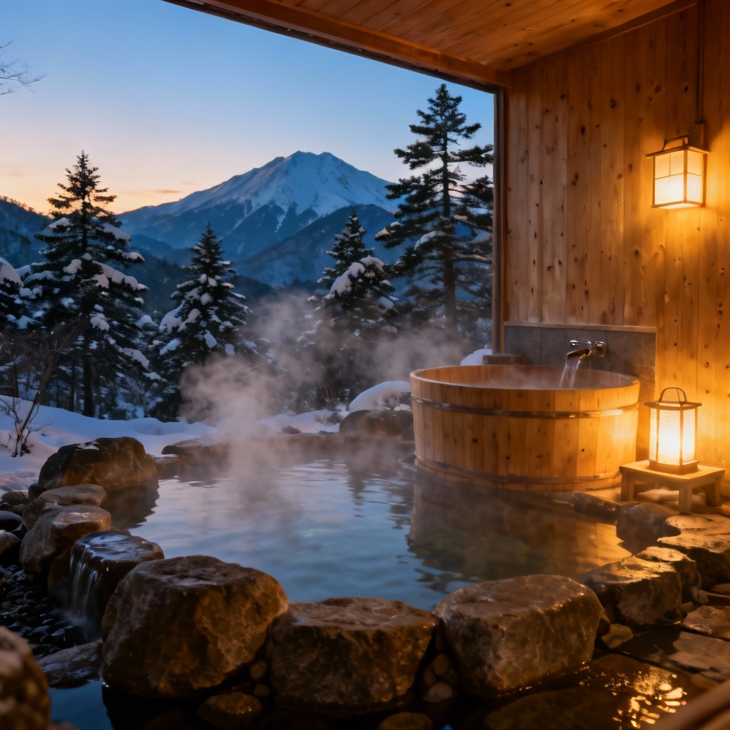 AI Rotenburo Onsen at Dusk with Steam and Lanterns