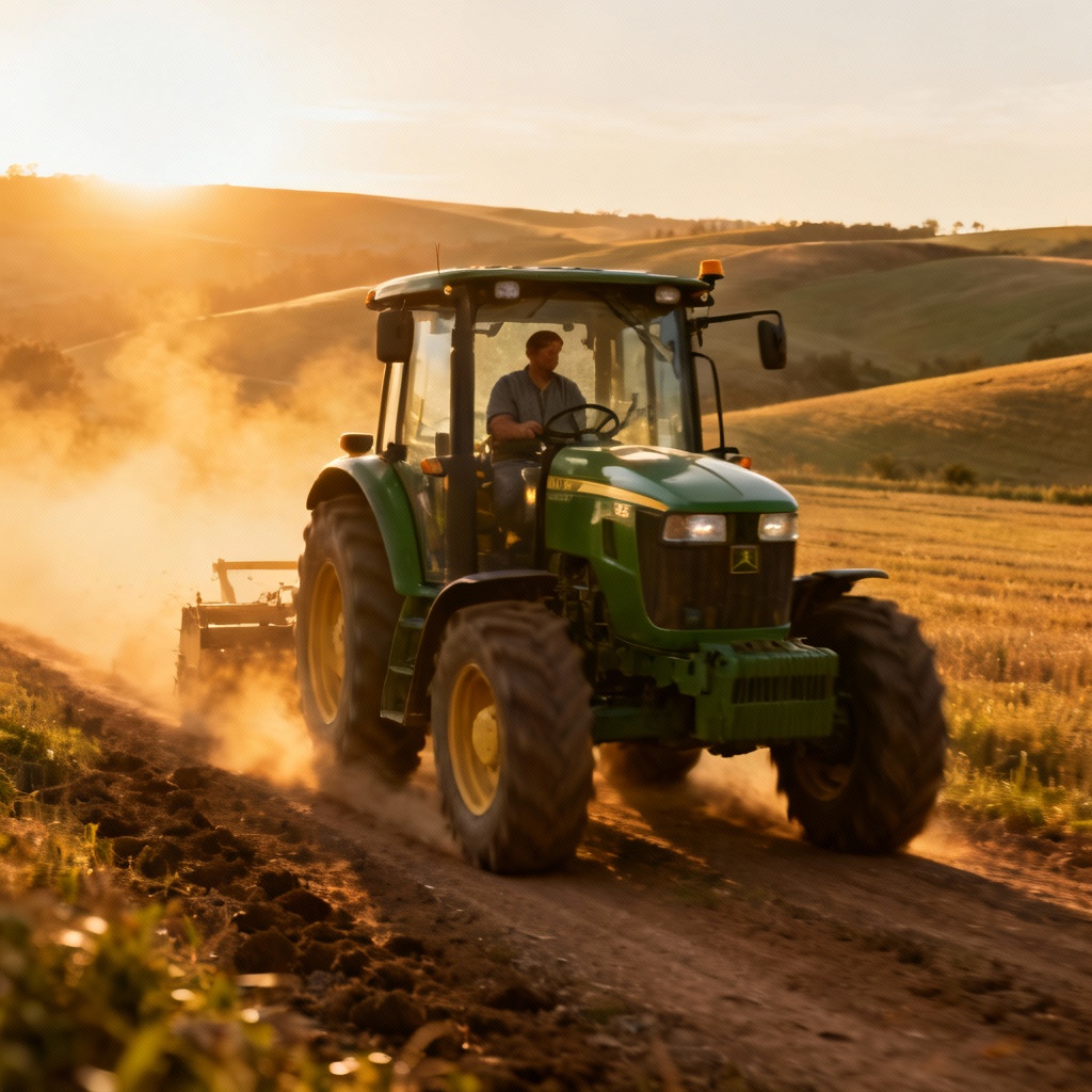 AI farmer driving a modern tractor at sunrise