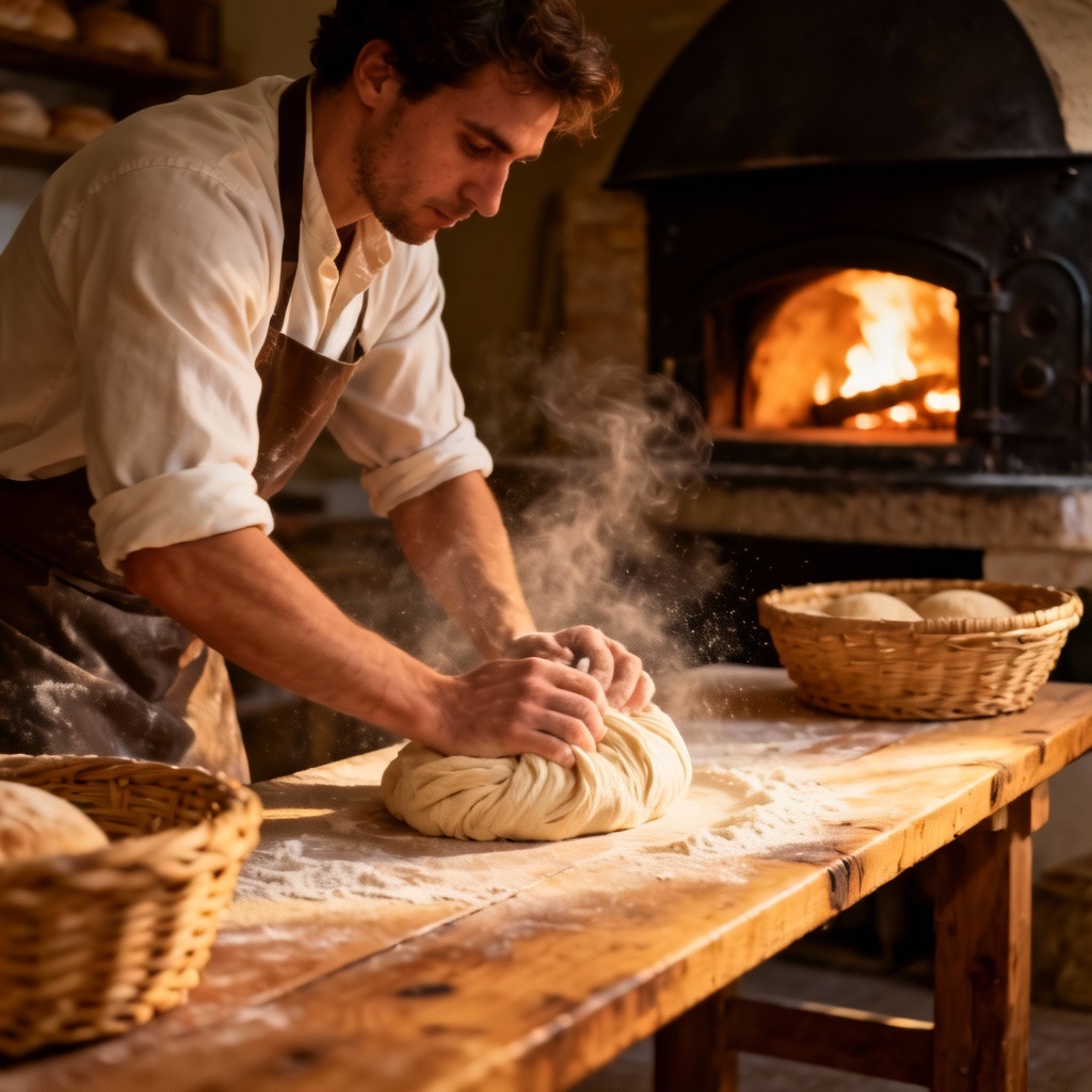 AI artisan baker kneading sourdough on a wooden bench