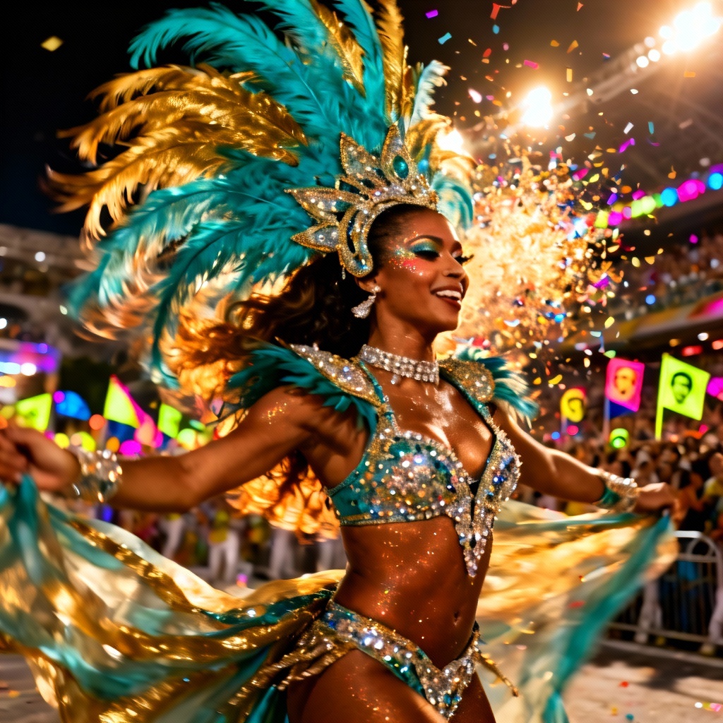AI Samba Queen portrait with feathered headdress at Rio Carnival
