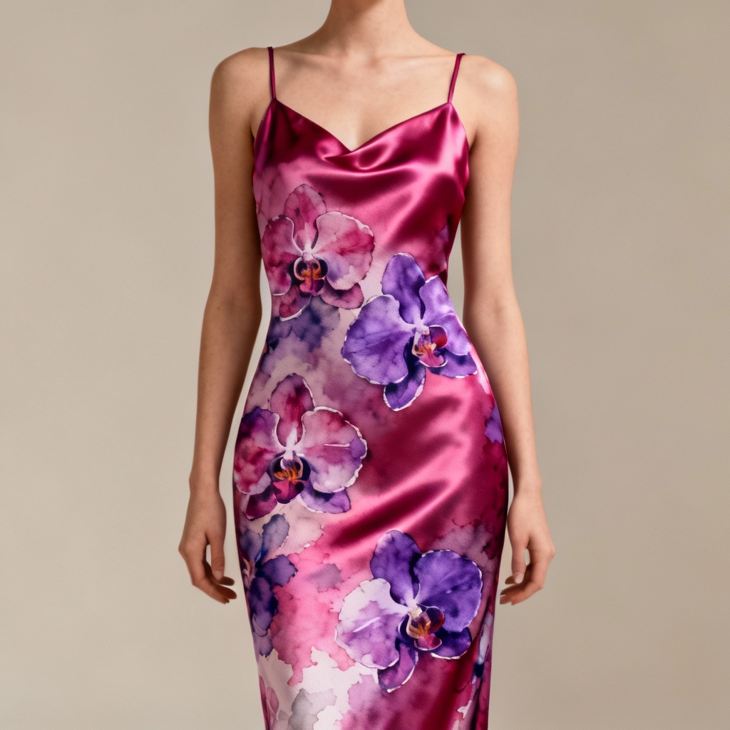 AI watercolor orchid floral slip dress