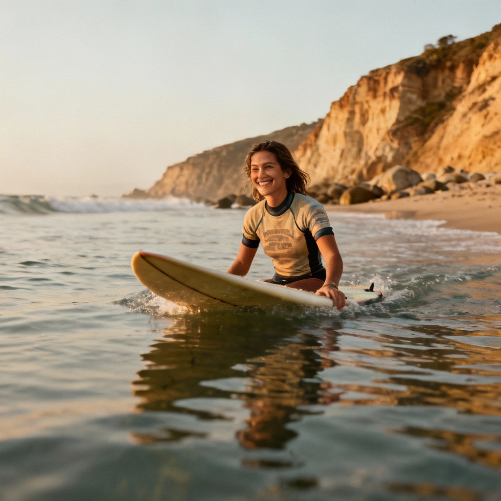 Lifestyle photo of a surfer girl cruising on a longboard