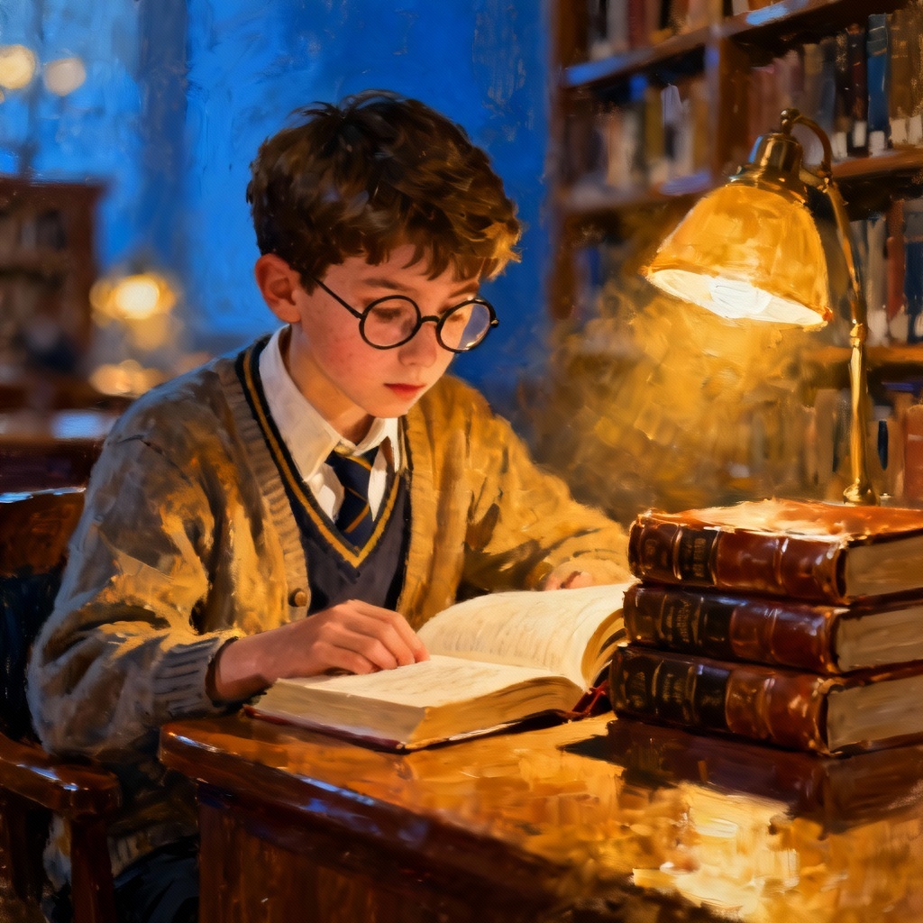 Studious schoolboy reading books in a library