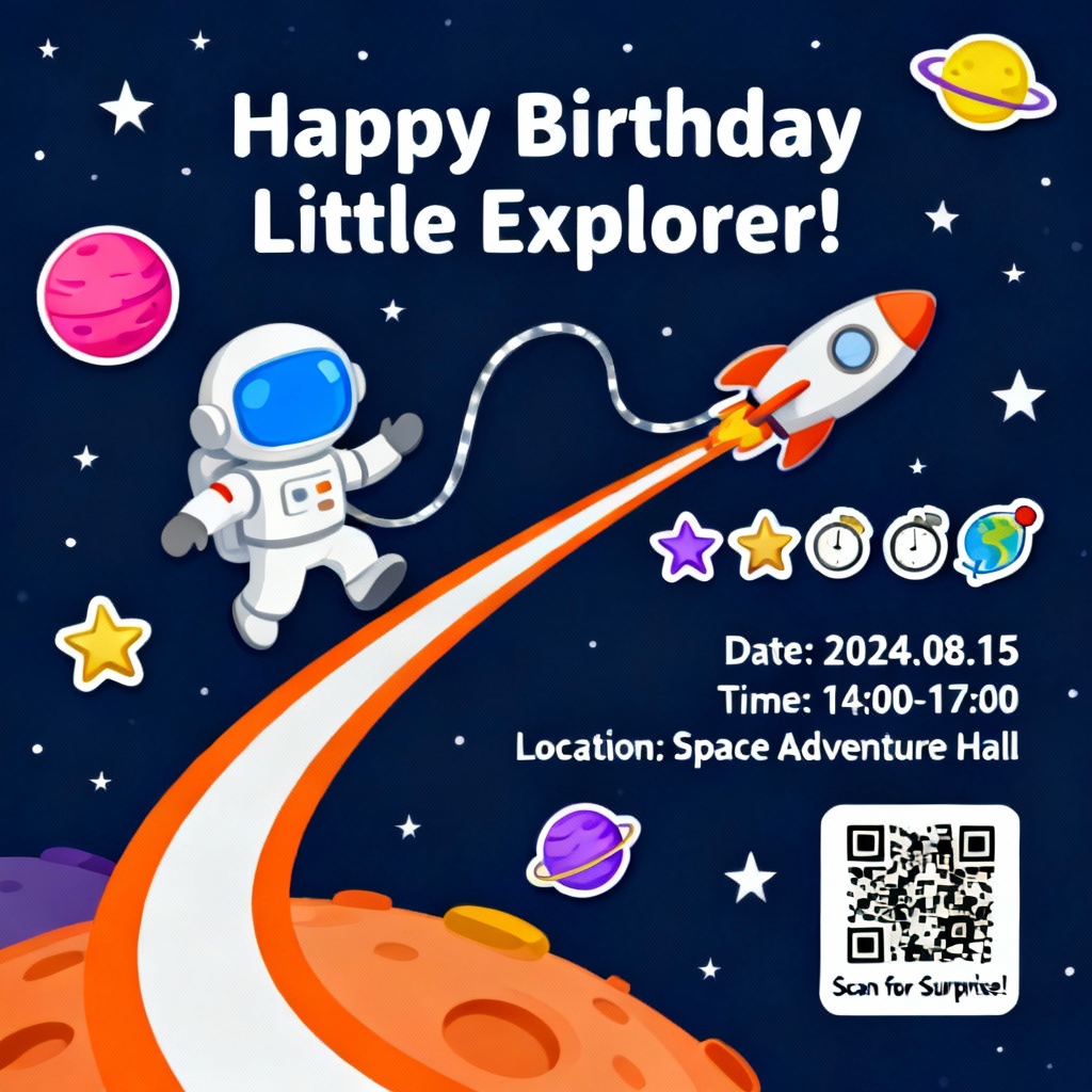 AI space astronaut kids birthday invitation with planets and rocket