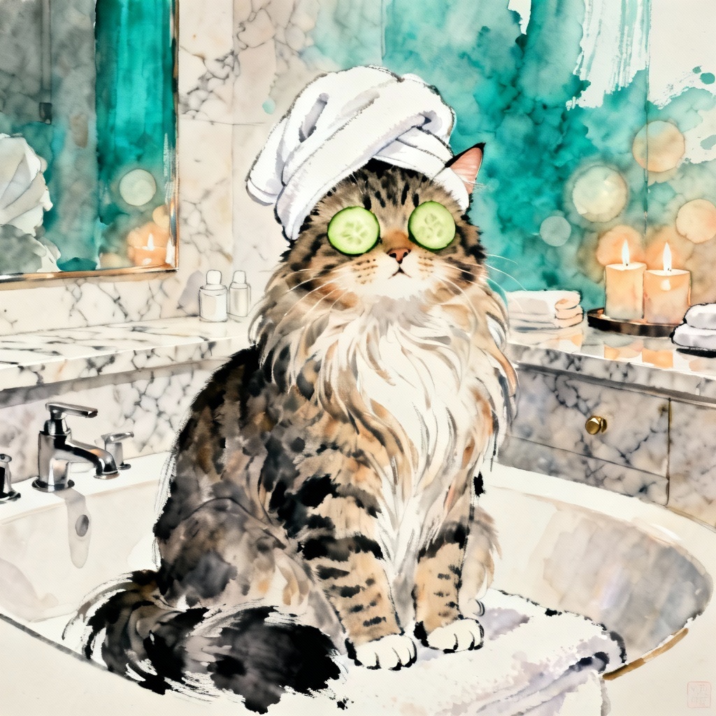 Elegant bathroom cat portrait with towel turban