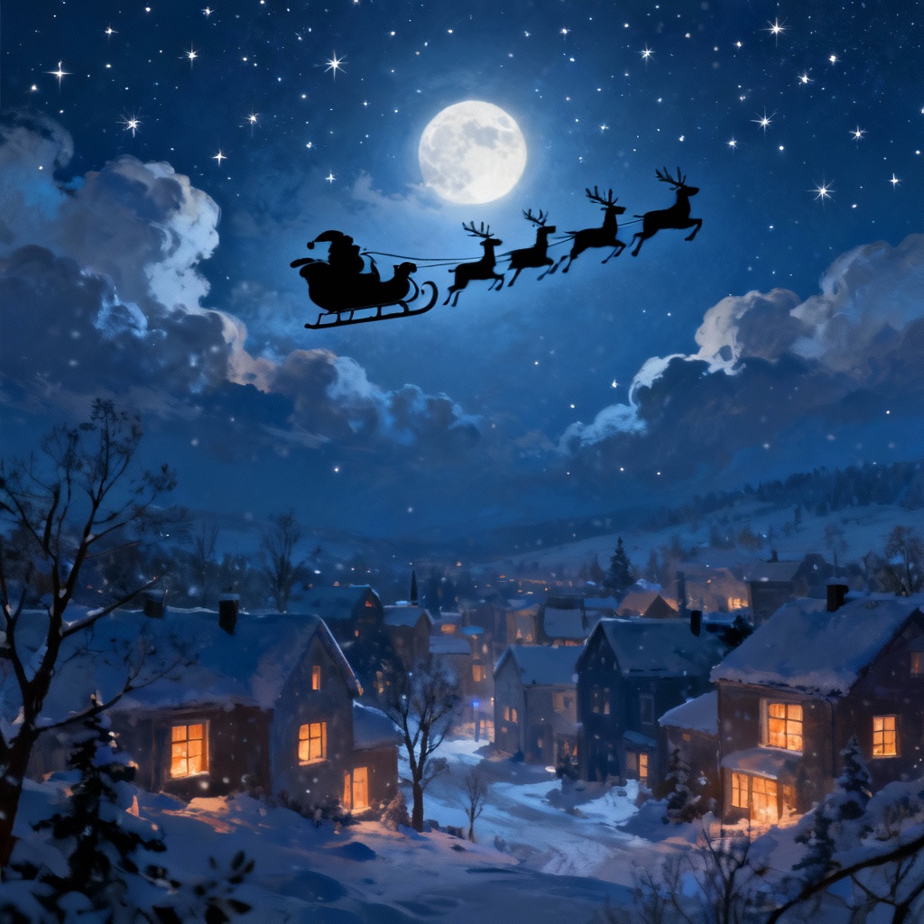 Santa sleigh flying over snowy town wallpaper