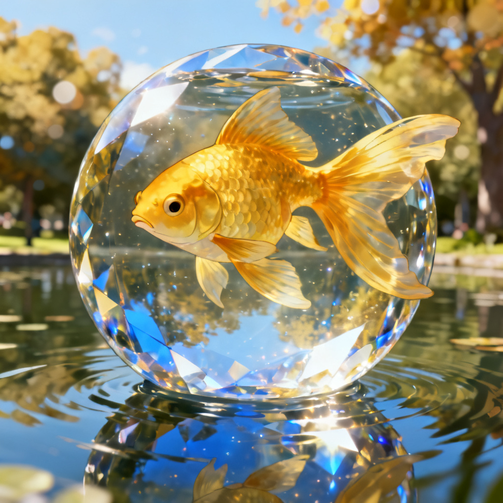 Surreal giant goldfish floating over a city park pond
