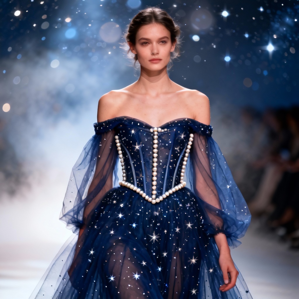 AI celestial pearl corset dress with starry tulle