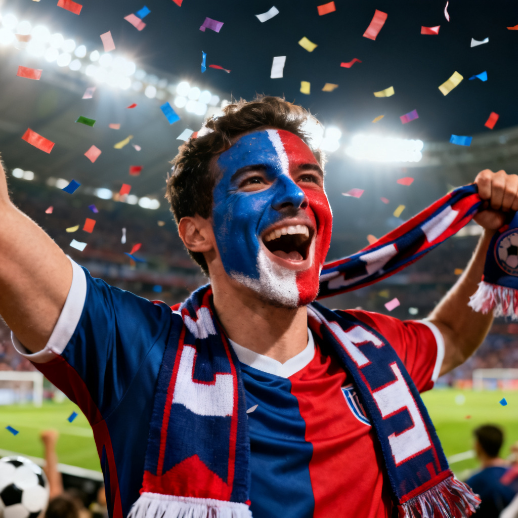 AI worldcup fan avatar with face paint and stadium lights