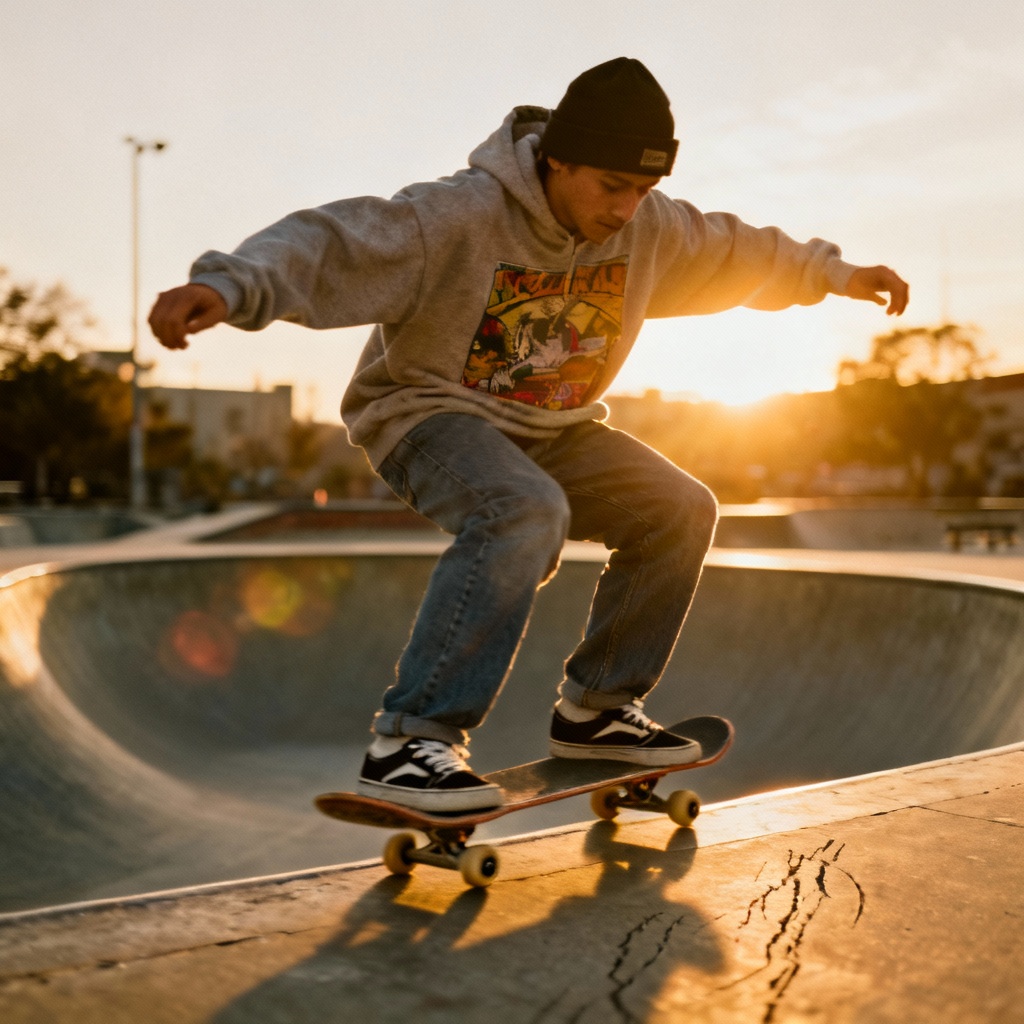 AI skate-inspired casual streetwear with vintage tones