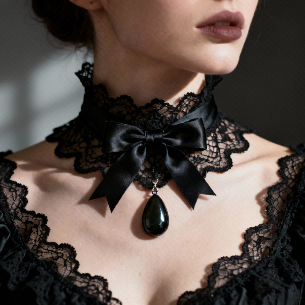 AI black lace choker on model neck with onyx pendant