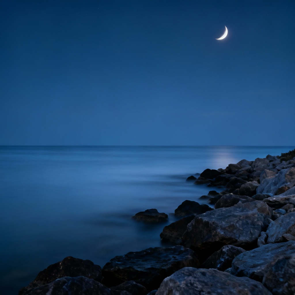 Moonlit shoreline with long exposure water and cool tones
