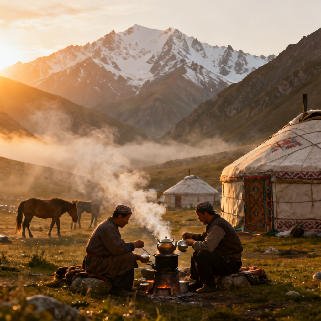 AI Central Asian yurt camp at sunrise with mountains