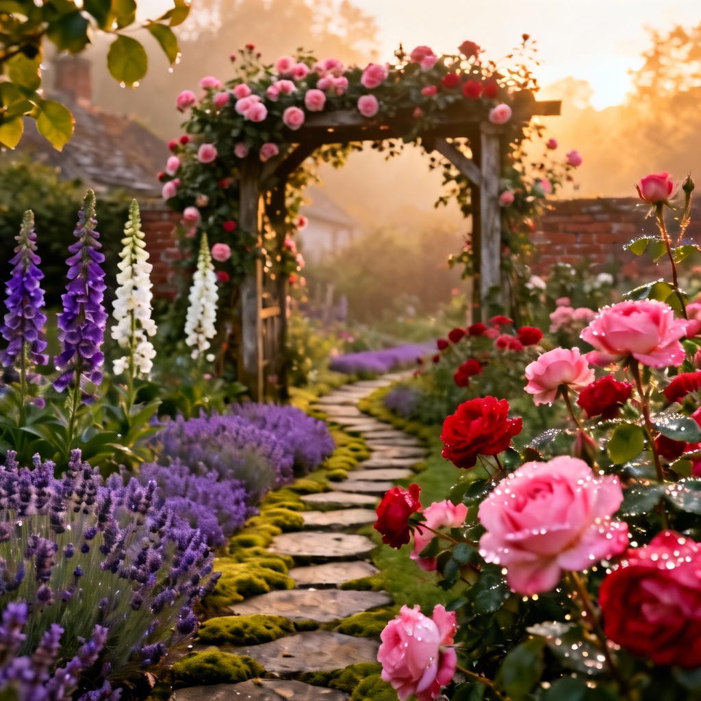 Cottage-style rose garden with wildflowers under golden light