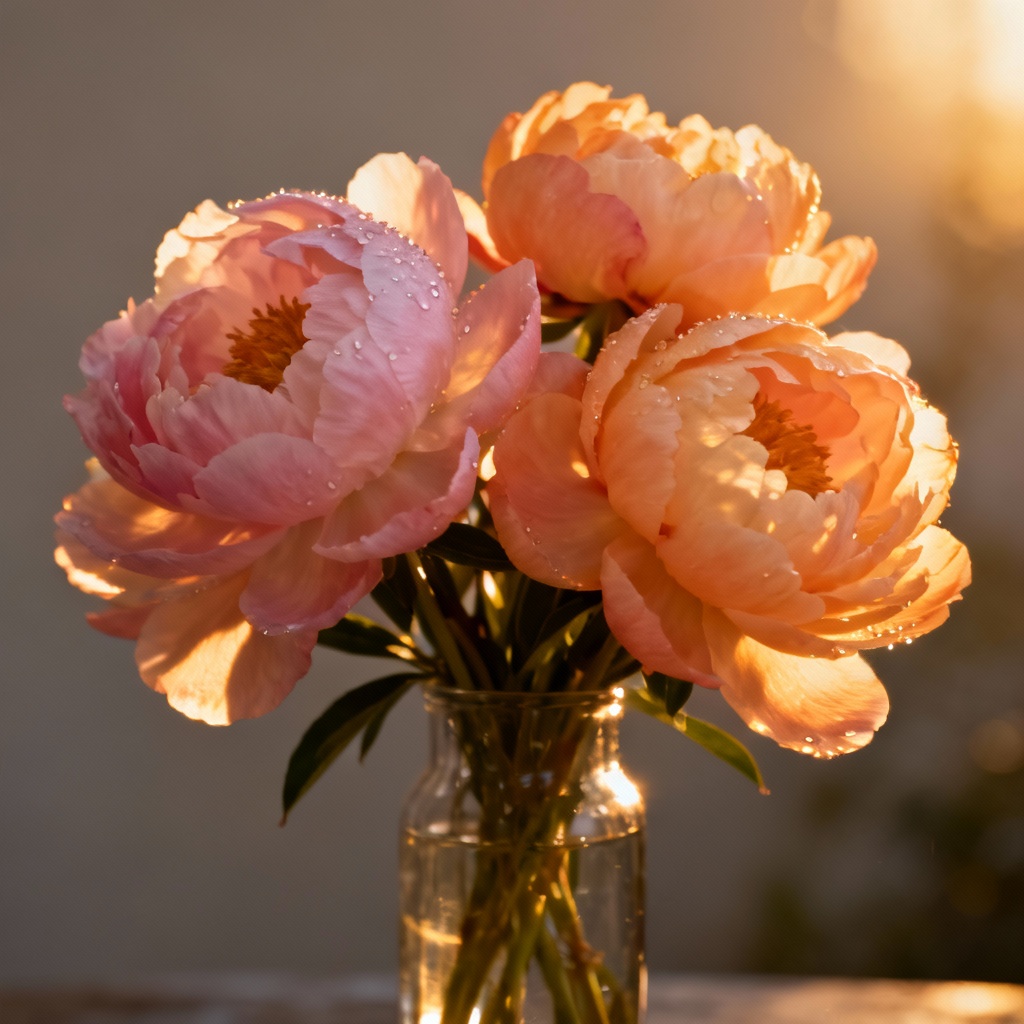 AI generated pastel peony bouquet at sunset