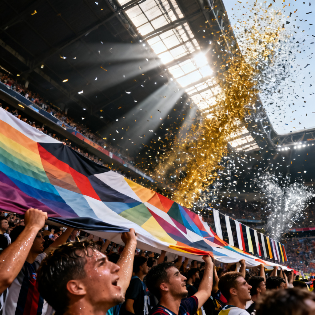 AI soccer supporters crowd with tifo display