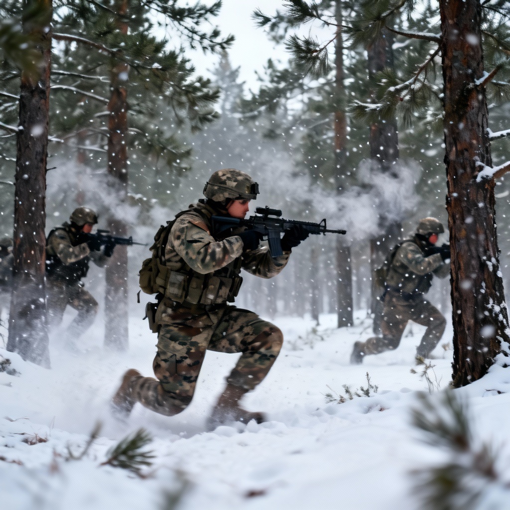 AI snowy forest firefight with camouflaged units