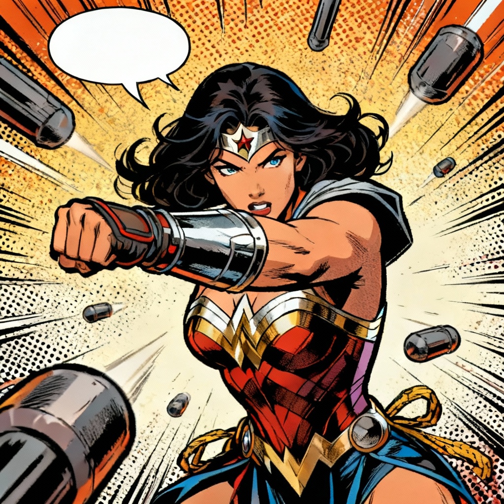 AI comic-style Wonder Women action with halftone texture