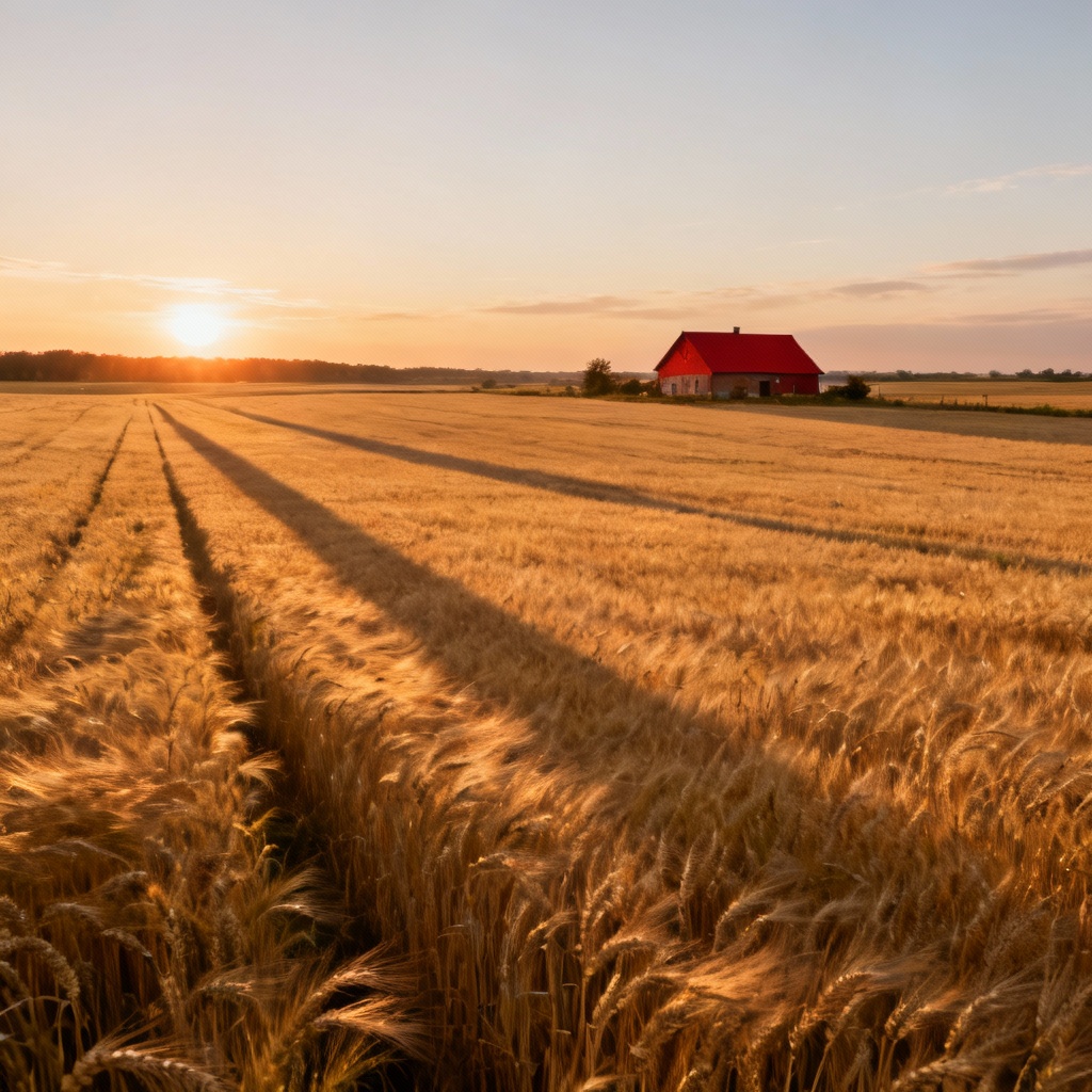 AI golden wheat field at sunset with farmhouse